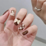 24Ps/Set Medium Long French Fake Nails Bow Japan Nude Pink with Pearls Artificial Acrylic Press on Nails Removable Stick on Nail LANFUBEISI