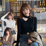 Women Sexy Halter Neck Hollow Out Sweater Solid Full Sleeve Slim Spring Autumn Bottoming Knitted Tops LANFUBEISI