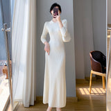 New 2024 Autumn Winter Sweater Dress Women Purple White Or Black Buttons High Waist A Line Elegant Knitted Dresses Female LANFUBEISI