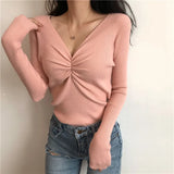 Zoki Sexy V Neck Women Sweater Autumn Knitted Pullover Jumper Chic Soft Korean Slim Long Sleeve Female Basic Top New LANFUBEISI