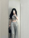 2 Piece Pant Sets 2024 Summer Casual Y2k Crop Top + Loose Trousers Sport Wear Korean Fashion Suits Chic Outwear T Shirts Blouse LANFUBEISI