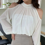 Fashion Woman Blouses 2022 Summer Shirts Chiffon Tops New Elegant Hollow Shoulder Back Lace Up Bow Full Sleeve Pullover Top LANFUBEISI