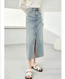 Vimly Denim Skirt for Women High Waist Split Long Jeans Skirt 2024 Spring Elegant Fashion 72295 LANFUBEISI