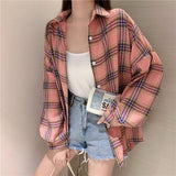 Plaid Shirt Women Autumn Long Sleeve Top Female Vintage Fashion Single Breasted Blouse Ladies Preppy Style Loose Check Shirts LANFUBEISI