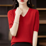 Women Sweater Short Sleeve V-neck Stripe Knitwears Slim Fit Shirt Korean Fashion Pullovers Thin Knit Tops Bottoming Shirts LANFUBEISI