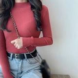 Autumn Long Sleeve  Women's Sweaters Thin Turtleneck Stretch Matte Blue Knitted Pullover Sweater Tops  Free Size LANFUBEISI