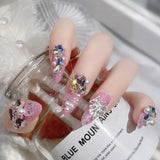 24Pcs Pink Glossy Medium Almond Fake Nails Press on Glitter Shining Heart with Rhinestone Pearl Deisgn False Nails Tips Stick LANFUBEISI