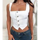 Women Denim Vest Sleeveless Boat Neck Button Down Crop Vest Jean Tanks Top Slim Smocking Aesthetic Clothes LANFUBEISI