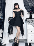 Gothic Lace Pleated Off  Shoulder Fluffy Dress Women Y2K Floral Patchwork Retro A Line Dresses Grunge Lolita Streetwear LANFUBEISI