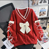 LANFUBEISI Y2k Sweater New Lace Up Oversize Cute Sweet Vneck Loose Knit Sweater Fashion Colour Matching Playful Lazy Style Knitwear