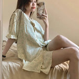 Ruffles Women Pajamas Sets for Home Summer Floral Sleepwear Shorts Sleeve Lace 2 Pieces Button Night Wears Korean Home Suit 2024 LANFUBEISI