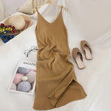 V Neck Solid Knitted Dresses Casual All Match Simple Fashion Korean Women Dress Elegant Vestidos New Clothes LANFUBEISI