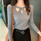 Women's O-neck Stretch Sexy Pullover Lady 2023 Autumn Winter Hollow Solid Color Sweater Slim Bottoming Shirt Jumper Sueter 16639 LANFUBEISI