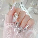 24Pcs Pink Glossy Medium Almond Fake Nails Press on Glitter Shining Heart with Rhinestone Pearl Deisgn False Nails Tips Stick LANFUBEISI