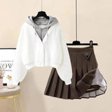 Plush Thickened Casual Long Sleeved Hooded Mini Pleated Skirt Two-piece Set Fashionable Women's Skirt Set LANFUBEISI