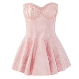 2023 Women Sleeveless Off Shoulder Sweet Mini Dress Corset Boning Lace Jacquard Slim Fit Pink Sexy Strapless Summer Dress LANFUBEISI