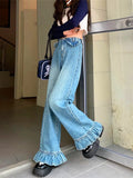 2023 Cyber Y2K Fashion Washed Blue Flounce Baggy Flare Jeans Pants For Women Korean Casual Dress Lady Trousers Roupas Feminina LANFUBEISI