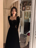 2022 Autumn Black Velvet Midi Dress Casual Korean Fashion Elegant Party Dress Woman Long Sleeve Vintage Lace Dress Slim Design LANFUBEISI