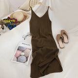 V Neck Solid Knitted Dresses Casual All Match Simple Fashion Korean Women Dress Elegant Vestidos New Clothes LANFUBEISI