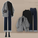 LANFUBEISI Autumn and Winter Fashion Women's Set New Korean Checkered Coat Versatile Jeans High Grade and Age Reducing Three Piece Set