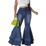 Fashion Splicing Layers Flared Jeans Women High Waist Comfortable Commuter  Denim Pants Female Casual Stretch Wide Leg Trousers LANFUBEISI