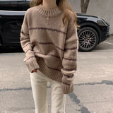 Women Sweater Casual Pullovers Autumn Winter Basics Knitted Korean Loose Striped O-neck Long Sleeve Elegance Sweet LANFUBEISI