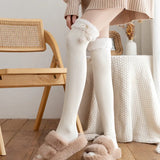 LANFUBEISI Japanese Vertical Stripe Plush Stockings Autumn Winter Cute Tights Kawaii Lamb Fur Wool Ball Calf Socks Lolita Knee High Socks