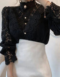 Women Chiffon Button Turtleneck Shirt Chic Elegant Floral Lace Fluffy Long Sleeve Top Fashion Hollow Oversize White Blouse 2024 LANFUBEISI