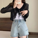 Women Summer Sun Protection Coat Lace Bow Ruffle Cardigan Shirt Female Blouse Tops for Woman Covers Blusa White Y2K Korean Shirt LANFUBEISI