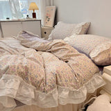 LANFUBEISI Romantic 100%Cotton Twin Bedding Elegant Pink Purple Floral Duvet Cover Set White Lace Ruffle 1.2/1.5/1.8m Bedskirt Pillowcases LANFUBEISI