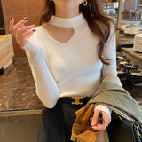 Women Sexy Halter Neck Hollow Out Sweater Solid Full Sleeve Slim Spring Autumn Bottoming Knitted Tops LANFUBEISI