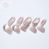 10Pcs Handmade Nail Set French Cat Eyes Red Nails Long Press on Nails Almond Reusable Acrylic Fake Nails with Glue Stick-on LANFUBEISI