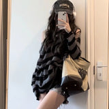 Streetwear Striped Knitted Sweater Women Gothic Harajuku Hollow Out Pullover Korean Hole All Match Loose Fashion Female Tops Ins LANFUBEISI