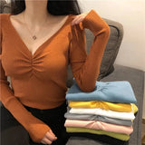 LANFUBEISI  Sexy V Neck Women Sweater Autumn Knitted Pullover Jumper Chic Soft Korean Slim Long Sleeve Female Basic Top New