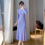 New 2024 Autumn Winter Sweater Dress Women Purple White Or Black Buttons High Waist A Line Elegant Knitted Dresses Female LANFUBEISI