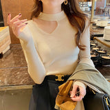 Women Sexy Halter Neck Hollow Out Sweater Solid Full Sleeve Slim Spring Autumn Bottoming Knitted Tops LANFUBEISI