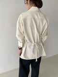 Women White Zipper Pocket Back Bandage Blouse New Lapel Long Sleeve Loose Fit Shirt Fashion Spring Autumn 2024 LANFUBEISI