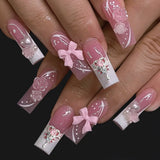 24Pcs Long Ballet False Nails with Bow Designs Pink Coffin Press on Nails Wearable French Fake Nail Full Cover Manicure Tips LANFUBEISI