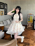 Japanese Kawaii Retro Mini Dress Women Casual 2000s Vintage Y2k Lolita Even Party Floral Dress Female Chic Summer Short Sleeve LANFUBEISI