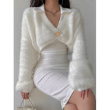 LANFUBEISI Valery Solid Color Fluffy Faux Fur Button Up Long Sleeve Sweater LANFUBEISI