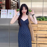 Summer Sweet Women Daily Streetwear Waist Dresses Lady Blue Suspender Floral Dress Female Vogue Off Shoulder Casual Long Dress LANFUBEISI