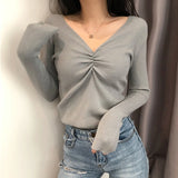 Zoki Sexy V Neck Women Sweater Autumn Knitted Pullover Jumper Chic Soft Korean Slim Long Sleeve Female Basic Top New LANFUBEISI