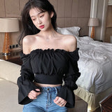 Women's Sexy Slim Bandage Long Sleeve Shirt Blouses Slash Neck Autumn Puff Sleeve LANFUBEISI