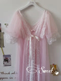 1 Set Fairytale Women Princess Pink Gauze Robe+Nightdress.Lady Girl Rose Lace Nightgowns Tulle Pajamas Vintage Sleepwear Nightie LANFUBEISI