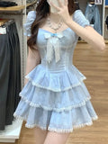 LANFUBEISI DRESS TO IMPRESS 2024 Summer Sweet Kawaii Blue Plaid Dress Woman Lolita Lace Y2k Mini Dress Short Party Elegant One Piece Dress Korean Fashion