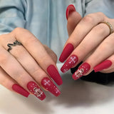 Christmas Nails Press on Snowflake Red Designs Almond Fake Nails Long Coffin Detachable False Nail for Women New Year Party LANFUBEISI