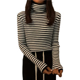 New Black Striped Sweater Women Knitted Pullover Autumn Long Sleeve Turtleneck Knitwear Korean Bottoming Shirt Stretch Jumpers LANFUBEISI