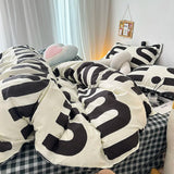 LANFUBEISI Korean Style Black Letter Bedding Set Bed Flat Sheet Pillowcase Fashion Duvet Cover Set Kid Adult Queen Full Twin Size Bed Cover LANFUBEISI