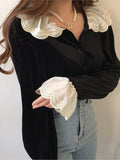 Autumn Velvet Shirts Tops Women Lace Patchwork Fashion Ruffle Long Sleeve Ladies Blouses Vintage Korean Loose Woman Shirt LANFUBEISI