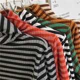 New Black Striped Sweater Women Knitted Pullover Autumn Long Sleeve Turtleneck Knitwear Korean Bottoming Shirt Stretch Jumpers LANFUBEISI